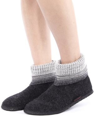 Wool slippers with a dark gray body and a knitted, light gray cuff. The design features a flat sole and a textured finish.