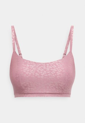 Roze bralette met een subtiele luipaardprint, verstelbare bandjes en een gladde textuur. Ontworpen voor comfort en ondersteuning.