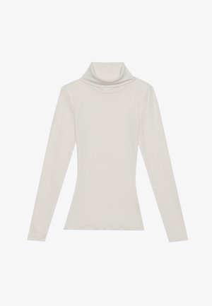 Top de cuello alto de manga larga en un color beige claro. Hecho de una tela suave y elástica con un corte holgado y un cuello doblado.