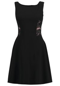 Robe noire sans manches avec panneaux latéraux en dentelle texturée. Silhouette trapèze, tissu lisse, encolure ronde et fermeture éclair au dos.