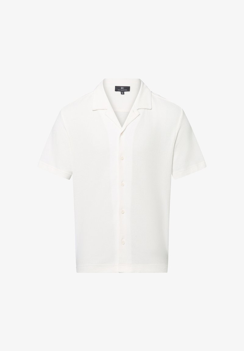 Korte mouwen witte blouse van gestructureerde stof met een gekarteld kraag en vijf knopen aan de voorkant. Regular fit.