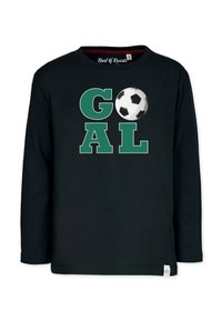 Schwarzes Langarm-T-Shirt mit grünen Blockbuchstaben, die "GOAL" buchstabieren, sowie einer Grafik eines Fußballs. Aus weichem Stoff gefertigt.