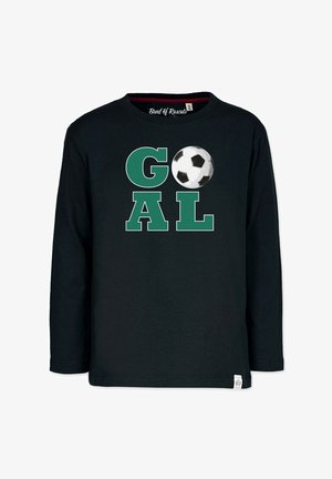 Sort langærmet t-shirt med grønne blokbogstaver, der staver "GOAL", og et grafik af en fodbold. Lavet af blødt stof.