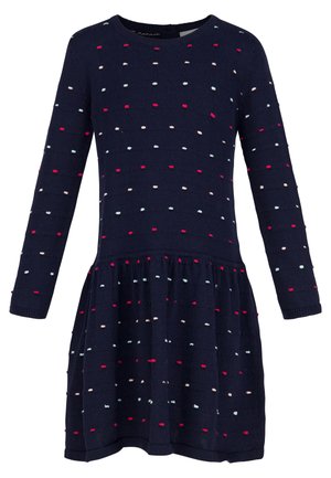 Marineblaues Strickkleid mit langen Ärmeln, verziert mit bunten Punkten in Pink, Blau und Weiß. Glockenförmiger Rock mit geraffter Taille. Weiche Textur.