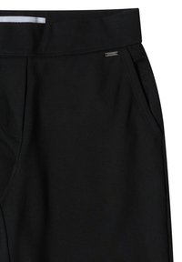 Svart sportbyxor med en slät textur, elastisk midja och sidofickor. Har diskret sömnad och en liten metallisk logotypdetalj.