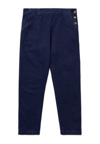 Marineblauwe broek van een katoenmix, met een rechte snit, twee zijzakken en drie knoopaccenten aan de zijkant.