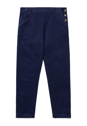 Marineblauwe broek van een katoenmix, met een rechte snit, twee zijzakken en drie knoopaccenten aan de zijkant.