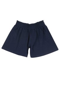 Pantaloni corti in cotone blu navy con vita elasticizzata, caratterizzati da una vestibilità rilassata e una lunghezza sopra il ginocchio. Texture morbida, senza motivi visibili.