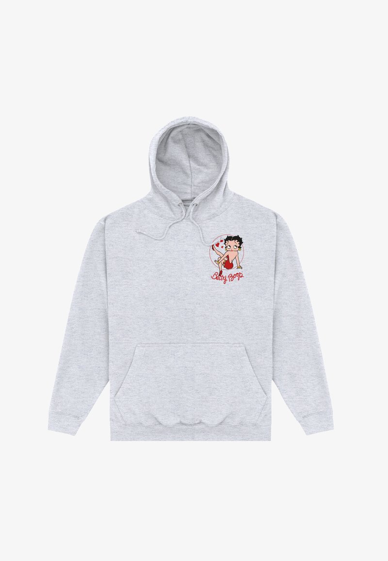 Sudadera gris claro hecha de una mezcla de algodón, con un bolsillo en la parte frontal y un gráfico de un personaje con acentos rojos en el pecho.