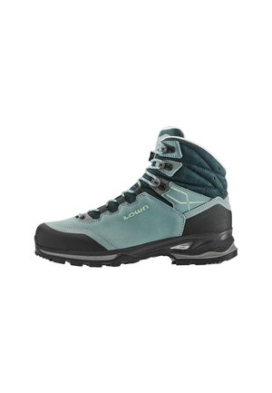 Scarponi da trekking in un azzurro chiaro e grigio scuro. Presentano una tomaia in suede, colletto imbottito, sei ganci metallici per i lacci e una suola in gomma robusta per una migliore aderenza.