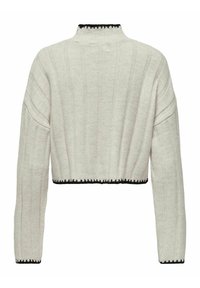Cropped light gray sweater made of ribbed fabric, featuring a high neck and black trim along the hem and cuffs.