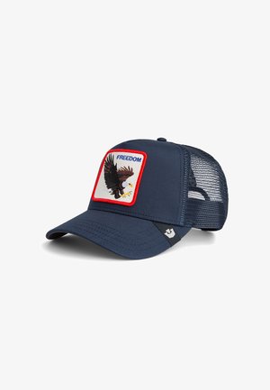 Marineblaues Baseballcap mit Netzrücken, featuring ein Eagle-Grafik-Patch mit der Aufschrift "FREEDOM" in Rot und Weiß. Rechteckige Form mit gebogenem Schirm.