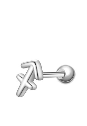 Sølv metal nitteørering med et tredimensionelt Skytten stjernetegn på en lige stang med rund bagplade.