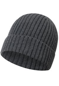 Szary dzianinowy beanie z ryflowanym wzorem i podwiniętym mankietem, wykonany z miękkiego, grubego materiału dla zapewnienia ciepła.