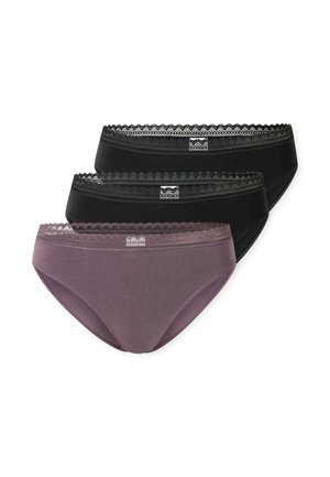 Three pairs of women's briefs in black and mauve, featuring soft cotton material, lace trim along the waistband, and a seamless finish.