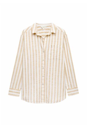 Chemise à manches longues beige et blanche à rayures verticales, boutonnée, avec col et poche poitrine, présentée sur fond blanc.