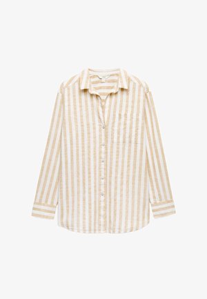 Long-sleeve beige and white vertical striped button-up shirt with collar and chest pocket, displayed on a white background.