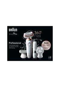 Le Braun Silk-épil 9 Flex en blanc et or rose présente un design ergonomique, une tête flexible, des accessoires pour rasoir, mini épilateur et exfoliateur.