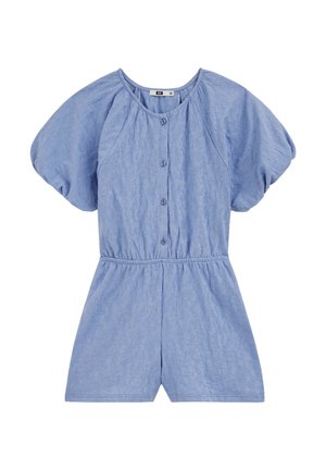 Világoskék, texturált anyagból készült overál rövid, fodros ujjakkal, elöl gombokkal, kerek nyakkivágással, elasztikus derékkal és rövid szárú aljjal.