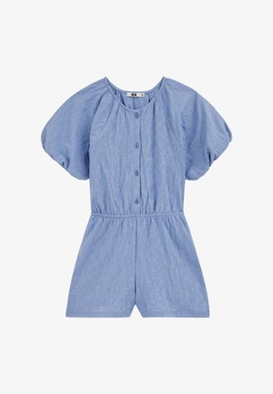 Svijetloplavi teksturirani kombinezon s kratkim naboranim rukavima, prednjim gumbima, okruglim izrezom, elastičnim strukom i kratkim hlačicama.