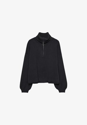 Pull à col roulé noir avec un zip demi-longueur à l'avant, manches surdimensionnées et texture douce. Il présente un col et un ourlet côtelés. Design minimaliste.