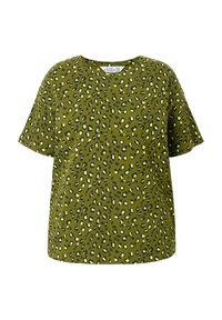 Olivgrünes T-Shirt mit kurzen Ärmeln, schwarzem und gelbem Leopardenmuster, Rundhalsausschnitt und lässiger Passform. Weicher, dehnbarer Stoff.