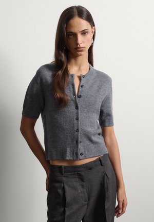 Donna con lunghi capelli castani indossa un cardigan grigio a maniche corte con bottoni e pantaloni grigio scuro a vita alta, in piedi davanti a uno sfondo chiaro e uniforme.