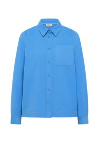 Chemise à manches longues en velours côtelé bleu avec col et poche poitrine, présentée à plat sur fond blanc.