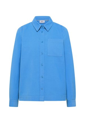 Chemise à manches longues en velours côtelé bleu avec col et poche poitrine, présentée à plat sur fond blanc.