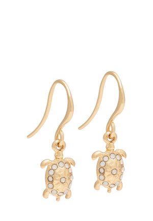 Gold-tone earrings with turtle-shaped pendants featuring white circular inlays, hanging from curved hooks.