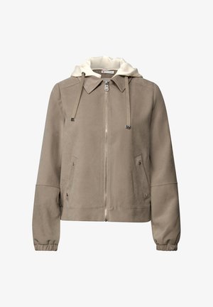 Lichtbruine jas met een capuchon, voorzien van een rits aan de voorkant, twee zijzakken en elastische manchetten, gemaakt van zachte, gestructureerde stof.