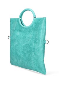 Aqua suède draagtas met ronde handvat, platte structuur, metalen accenten en een gestructureerd oppervlak met subtiele patronen.