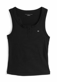 Canotta nera in cotone, con scollo rotondo, tre bottoni sul davanti e un piccolo logo sulla parte sinistra del petto.