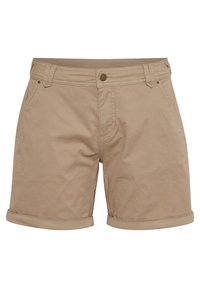 Pantalones cortos enrollados de color beige, fabricados en una mezcla de algodón, con bolsillos delanteros, costuras tonales y un cierre de un solo botón en la cintura.