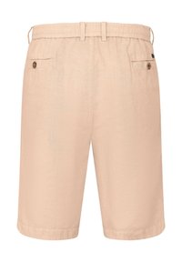 Light pink linen shorts with an elastic waistband, two back button pockets, and a relaxed fit. Smooth texture and knee-length design.