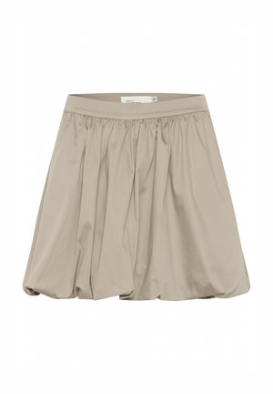 Beige nederdel med en samlede design og elastisk talje. Lavet af letvægtsstof, med en voluminøs form og glat tekstur.