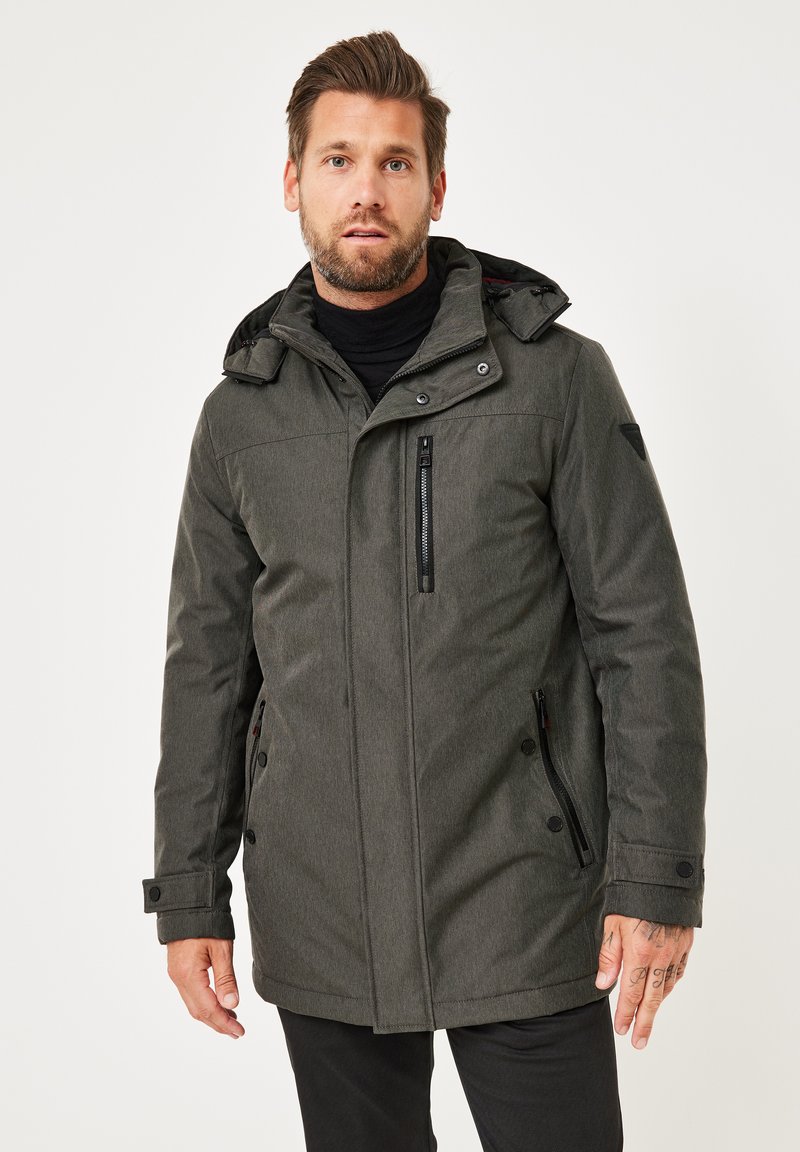 Gray winter jacket with a hood, zippered front and side pockets, featuring a textured fabric and snap button details. Suitable for cold weather.