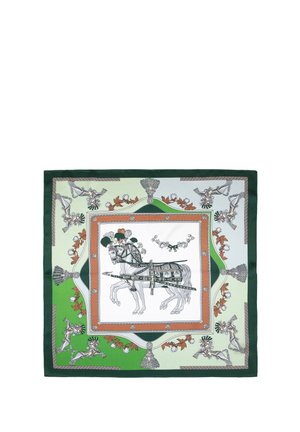 Silk square scarf featuring a horse-drawn carriage design. Colors include green, white, and orange with decorative borders and intricate patterns.