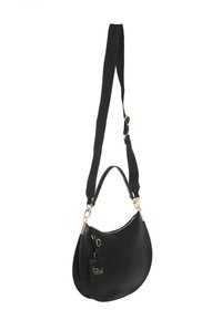 Bolso hobo de cuero negro con forma curva, cierre de cremallera, herrajes en tono dorado y etiqueta de logo desmontable. Incluye correa ajustable.