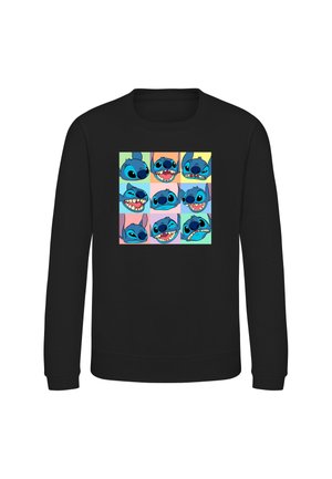 Sort sweatshirt med et farverigt gitter af ni tegneserieagtige blå alienansigter, der viser forskellige udtryk på fronten.