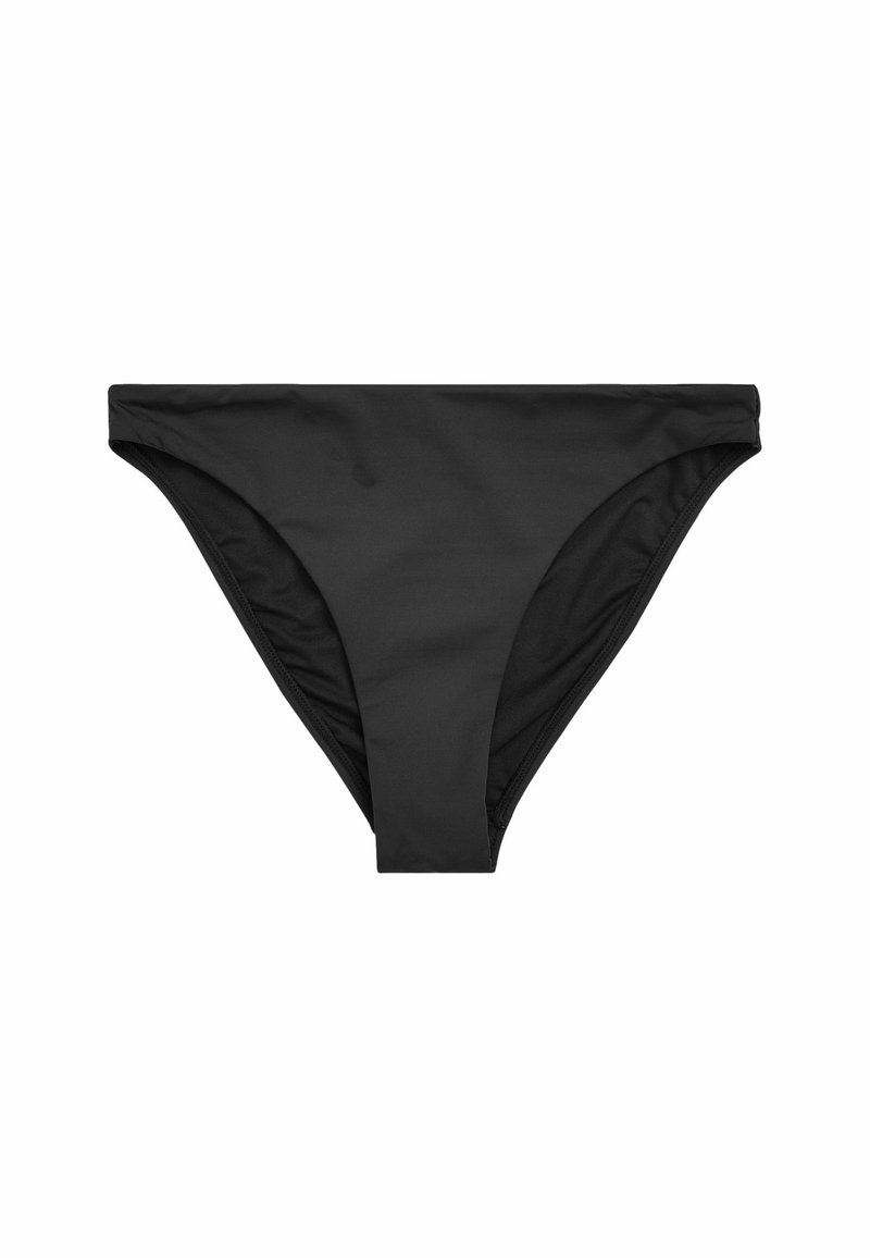 Melnas bikini apakšas, kas izgatavotas no gludas, elastīgas materiāla. Tam ir klasiskā griezuma forma ar mērenu jostas vietu un bezšuvju sāniem.