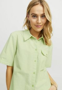 Camicia verde chiaro a maniche corte con righe bianche verticali. Presenta un colletto a punta e una tasca sul petto. Dettaglio con bottoni sul davanti.