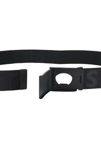 Cintura intrecciata nera con fibbia in plastica caratterizzata da un bordo seghettato e da un'apertura ovale per una facile regolazione e rilascio. Materiale resistente.