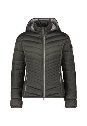 Dark green puffer jacket with a zippered front, hood, and chevron stitching. Features two side pockets and elastic cuffs. Lightweight material.