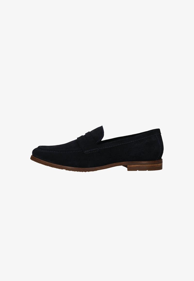 Dunkelblaue Wildleder-Slipper mit Mokassin-Design, Gummisohle und kontrastierenden Nähten; verfügen über eine erhöhte vordere Paneel-Akzent.