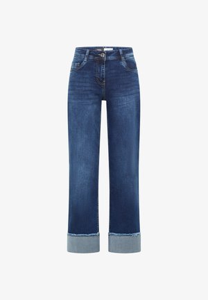 Ciemnoniebieskie jeansy z denimu o prostym kroju, z podwiniętym brzegiem w jaśniejszym denimu oraz klasycznym pięciokieszeniowym designem i zapięciem na guzik.