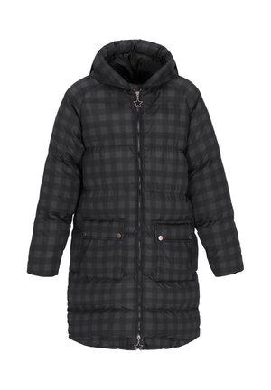 Czarna kurtka puchowa w kratkę, z zamek błyskawicznym, kapturem i dwoma przednimi kieszeniami z zatrzaskami. Posiada srebrny uchwyt suwaka w kształcie gwiazdki.