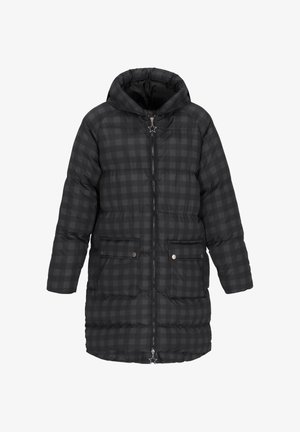 Czarna kurtka puchowa w kratkę, z zamek błyskawicznym, kapturem i dwoma przednimi kieszeniami z zatrzaskami. Posiada srebrny uchwyt suwaka w kształcie gwiazdki.