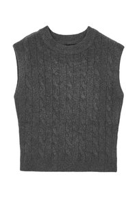 Gilet senza maniche grigio scuro a lavorazione cable-knit con scollatura a girocollo e orlo a coste, posato su uno sfondo bianco.