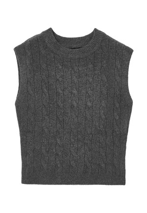 Ärmellose, dunkelgraue, kabelgestrickte Strickweste mit Rundhalsausschnitt und geripptem Saum, flach auf einem weißen Hintergrund ausgelegt.